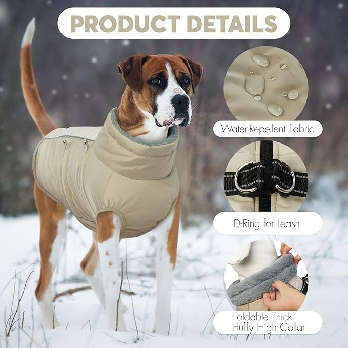 IDOMIK Warm Dog Coat with Harness, Waterproof Reflective Dog Jackets for Small Medium Large Dogs, Fleece High Collar Winter Jacket with Zipper, Pet Winter Snowsuit Clothes for Cold Weather,Khaki 2XL