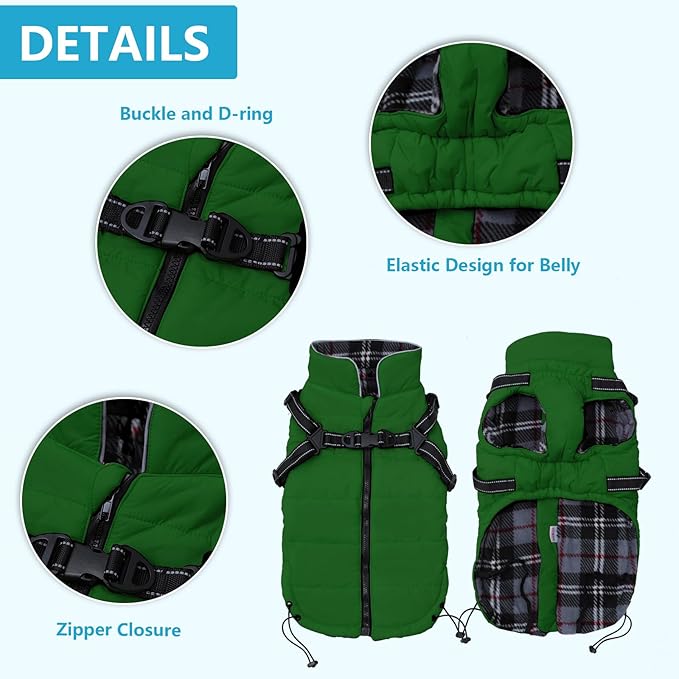 Geyecete Winter Warm Coat Waterproof Dog Jacket with Harness Traction Belt,Pet Outdoor Jacket for Small Dogs-Green-XS
