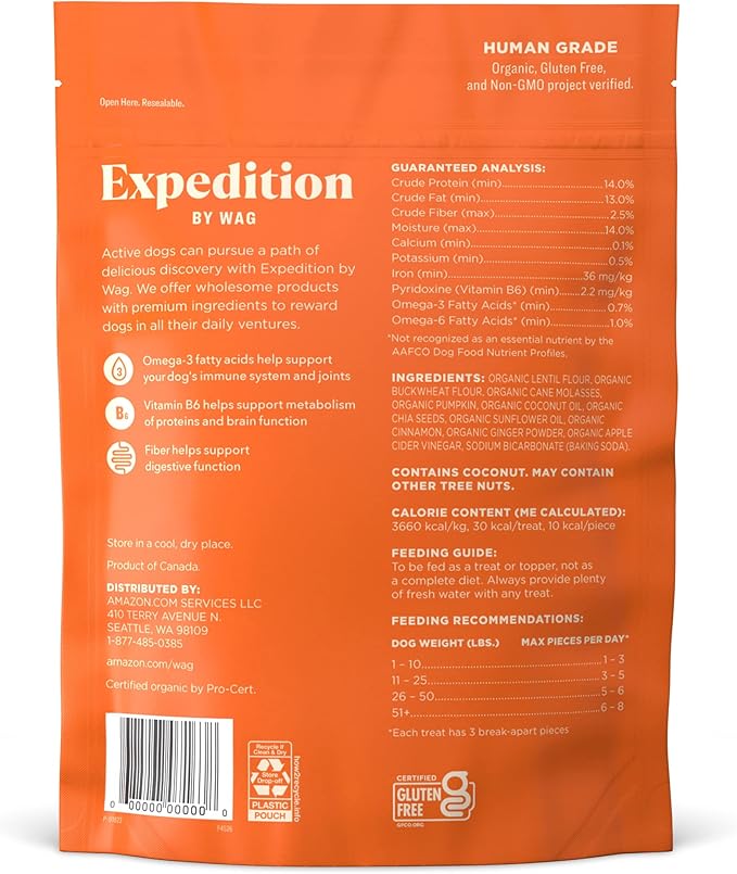 Amazon Brand - Wag Expedition Human Grade Organic Biscuits Dog Treats, Non-GMO, Gluten Free, Pumpkin & Chia Seed, 10oz (Pack of 2)