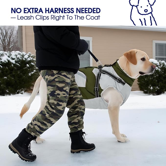 FUAMEY Dog Winter Jackets for Medium Dogs,Dog Coat with Harness Built in,Waterproof Dogs Snowsuits Warm Pet Jacket Zip Up Fleece Cold Weather Coats Reflective Puppy Vest with Pocket Green M