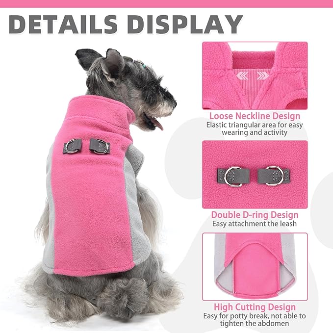 KOOLTAIL Small Dog Sweater - Dog Fleece Vest Jacket with Leash D-Ring for Small Medium Dogs, Soft Pullover Winter Warm Cold Weather Coats, Pet Fall Clothes Outfit for Puppy Cat Boys & Girls, Pink M