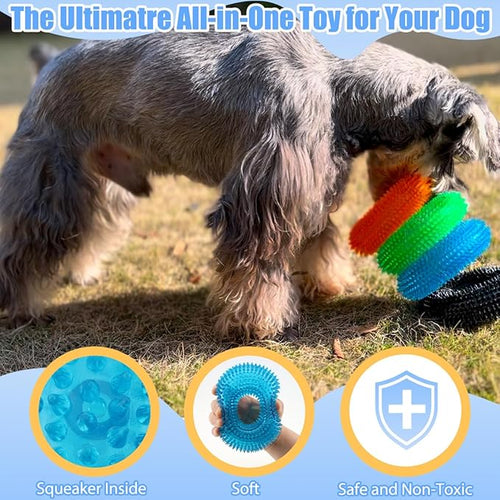 ADUCK Dog Squeaky Chew Toys for Aggressive Chewers, Small Medium Large Dogs Teeth Cleaning Soft Natural Rubber Float Toy for Indoor Outdoor Water Pool, Donut Ring Design 4.92 inch, Pack of 4