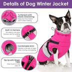 SUNFURA Dog Winter Coat, Waterproof Dog Coat Jacket with Harness for Medium Dogs Boys Girls, Reflective Fleece Lined Pet Snow Jacket Sweaters for Pug, Jack Russel, Boston Terrier, Hot Pink M
