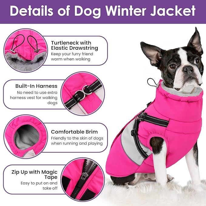 SUNFURA Dog Coat for Large Dogs, Warm Pet Jacket Winter with Harness Built in, Waterproof Pet Snow Jacket with Furry Collar, Reflective Fleece Snowsuit for Extra Large Dogs, Hot Pink XL