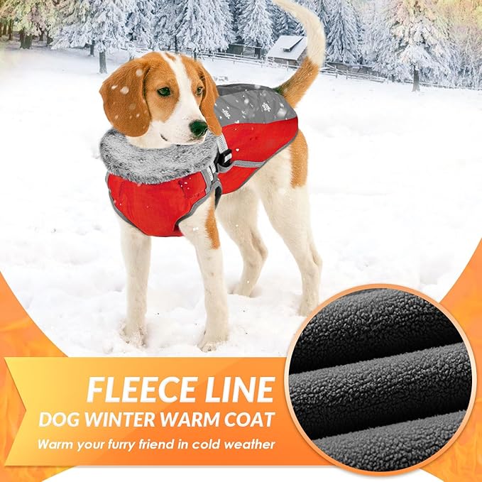 SlowTon Dog Jacket with Harness Built in - Waterproof Fleece Winter Warm Dog Coats for Small Medium Dogs, Reflective Adjustable Furry Puppy Vest Clothes for Outdoor Walking (Red & Black,XS)