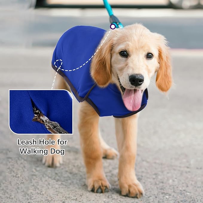 ROZKITCH Dog Fleece Pajamas with Leash Hole, Pet Windproof Warm Cold Weather Jacket Vest Cozy Jumpsuit Apparel Outfit Clothes for Walking Hiking Travel Sleep Blue L