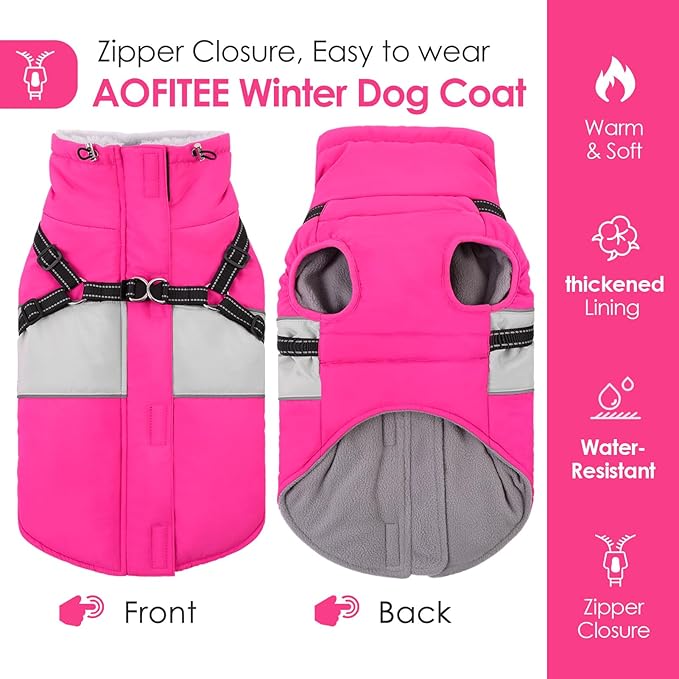 AOFITEE Dog Coat Warm Dog Winter Coat, Waterproof Dogs Jacket with Harness, Dogs Snow Jacket Snowsuit with Zipper & Furry Collar, Reflective Windproof Pet Sweater for Cold Weather, French Bulldog, L