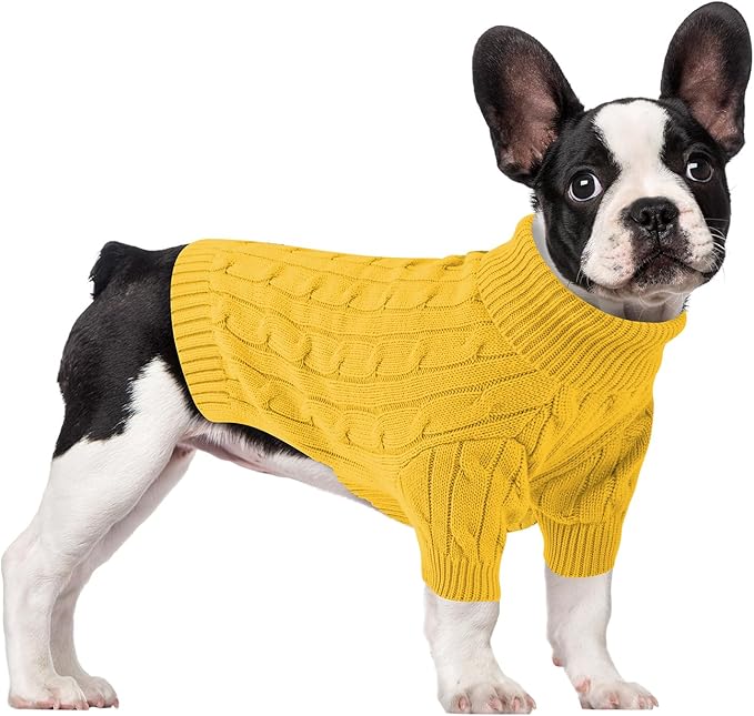 Small Dog Thermal Pullover Sweater, Classic Turtleneck Cable Knitwear Dog Clothes for Cold Weather Warm Pet Clothes for Chihuahua, Bulldog, Dachshund, Pug Yellow Medium