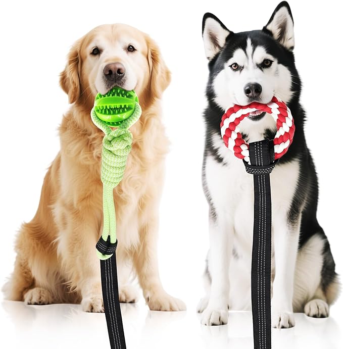 Dog Outdoor Bungee Solo Hanging Toy, Tether Tug of War Toys for Pitbull Small Large Aggressive Chewers Dogs to Exercise, Durable Interactive Tug Toy, Dog Rope Toys (3 Chew Ropes,1 poop bag)
