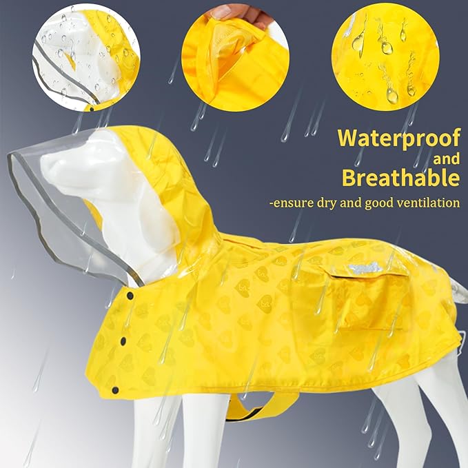 Waterproof Dog Raincoat, Adjustable Reflective Lightweight Pet Rain Clothes with Poncho Hood (Yellow(Water-Activated Color Change), Large)