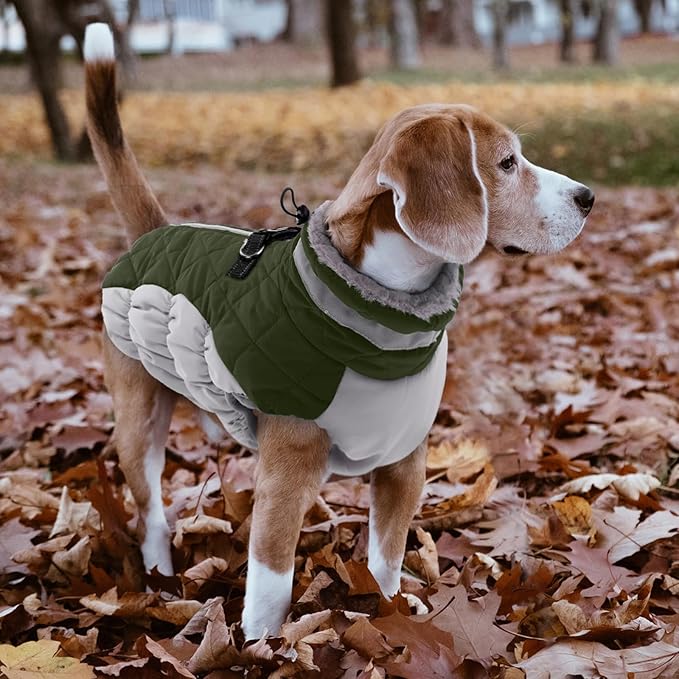 Lelepet Dog Coat Warm Dog Winter Coat Waterproof Dogs Jacket with Harness Built in Reflective Pet Fleece Vest Zip-Up Cold Weather Coats for Large Dogs Turtleneck Windproof Boston Terrier Army Green L