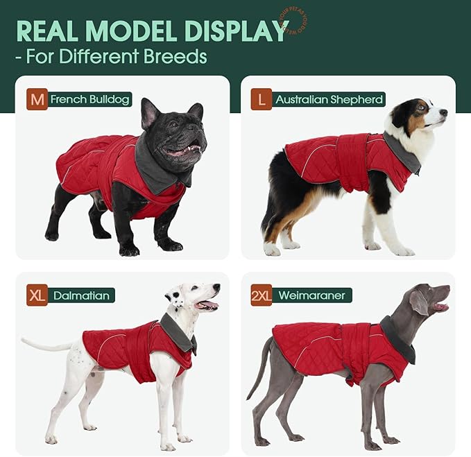 Kuoser Extra Warm Dog Jacket for Medium Dogs, Fleece Lined Dog Turtleneck Snow Suits, Windproof & Reflective Pet Winter Coat Cold Weater Clothes for Dogs, Red M