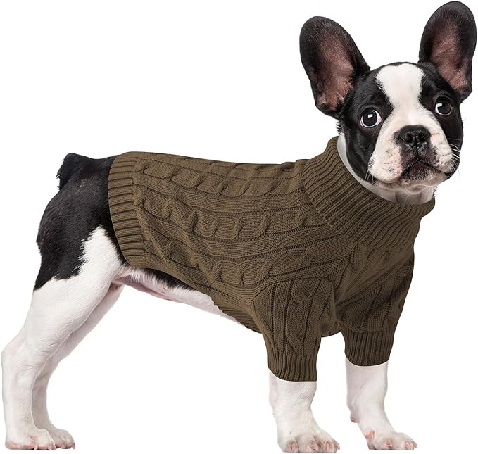 Small Dog Thermal Pullover Sweater, Classic Turtleneck Cable Knitwear Dog Clothes for Cold Weather Warm Pet Clothes for Chihuahua, Bulldog, Dachshund, Pug Tan Large