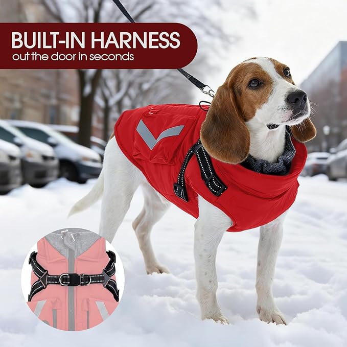 FUAMEY Dog Winter Coat Waterproof, Warm Fleece Lined Jacket for Dogs, Extra Large Goggie Vest with Harness Built in, Pet Cold Weather Coats Doggy Outfits Back Zipper, Border Collie (Red, 2XL)