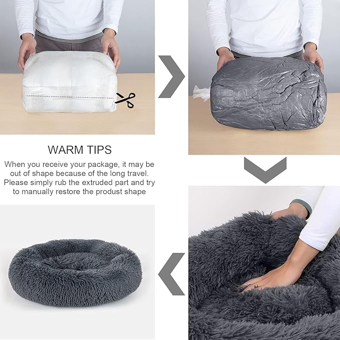 Dog Bed, Cat Calming Bed, Faux Fur Pillow Pet Donut Cuddler Round Plush Bed for Large Medium Small Dogs and Cats (Light Grey, 44.0" L x 44.0" W x 7.0" Th)