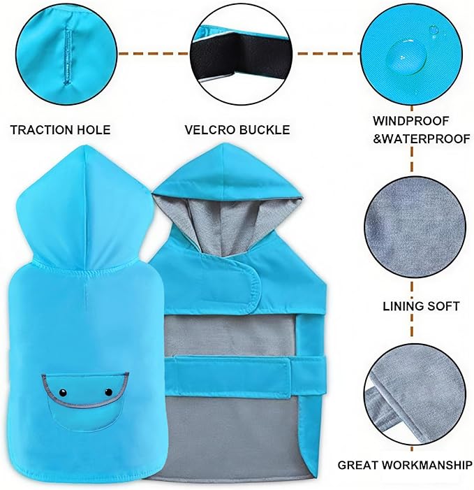 Dog Raincoat Dogs Rain Jacket Reflective Poncho Rainwear Waterproof Pet Clothes Warm Lined Pocket Hooded Leash Hole Adjustable Medium Dogs,Blue,XXXL,Back Length 20.0 Inch
