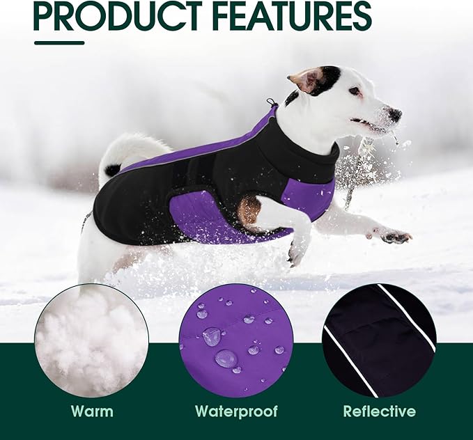 Kuoser Dog Jacket, Winter Dog Coats for Medium Dogs, Reflective Doggie Cold Weather Coats Pet Clothes, Puppy Snow Jacket for Frech Bulldog, Boston Terrier, Purple L