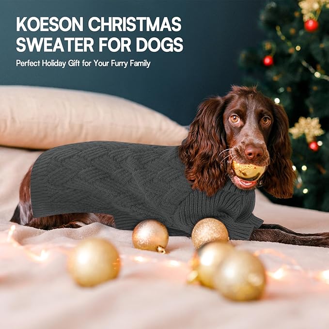 KOESON Extra Large Dog Sweater, Warm Soft XL Dog Sweater, Turtleneck Big Sweater for Large Dogs Girls and Boys, Cable Knitted Pet Knitwear with Sleeves for Fall, Winter and Spring, Grey, XLarge