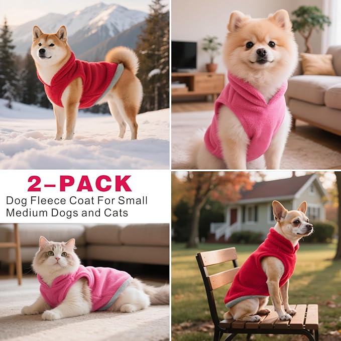 Idepet 2 Pack Dog Fleece Vest Sweater Warm Pullover Jacket with D-Ring Leash Reflective Winter Coat Hoodie for Puppy Cat French Bulldog Pug Chihuahuas Yorkies Dachshunds (Red&Rose Red,X-Small)