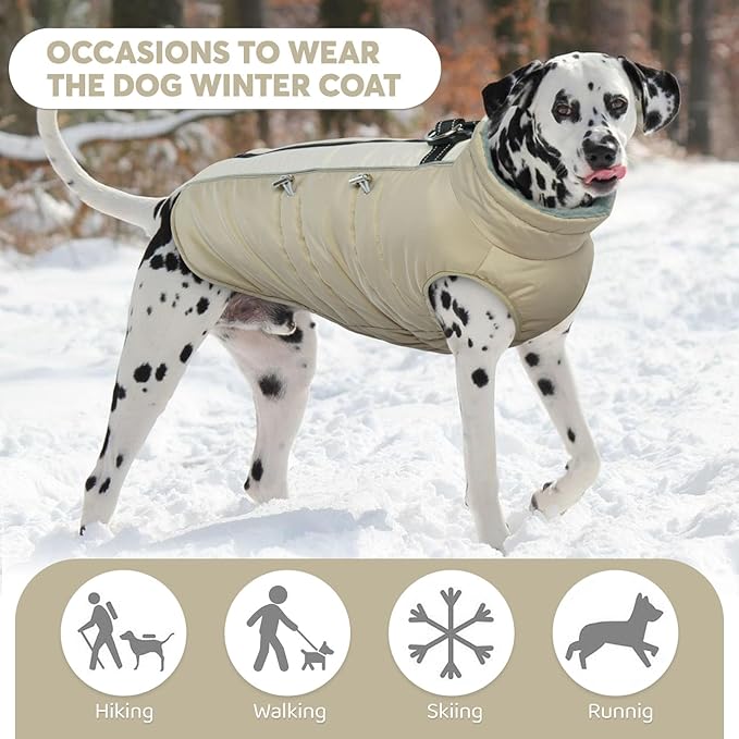 IDOMIK Warm Dog Coat with Harness, Waterproof Reflective Dog Jackets for Small Medium Large Dogs, Fleece High Collar Winter Jacket with Zipper, Pet Winter Snowsuit Clothes for Cold Weather,Khaki 2XL