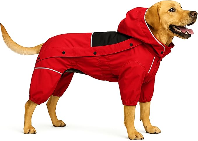 LOVELONGLONG Fleece-Lined Dog Raincoat with Removable Hood – Waterproof Winter Full Body Dog Jacket – Windproof Snowproof Cold-Weather Suit – Red-F 4XL
