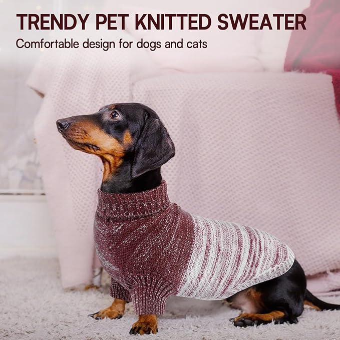 Queenmore Knitted Pullover Dog Sweater, Turtleneck Pet Cat Sweater, Cold Weather Puppy Clothes Stitching Knitwear with Leash Hole for Small Medium Dogs(Purple,M)