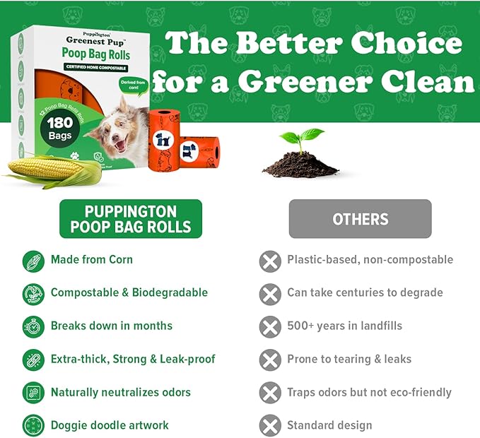 Puppington Certified Home Compostable Poop Bags - ASTM D6400 Compliant - 180 Extra Thick Bags - Plant Based - Pairs with Puppington 3-in-1 Bag & Fits all Standard Poop Bag Dispensers (Poppy Orange)