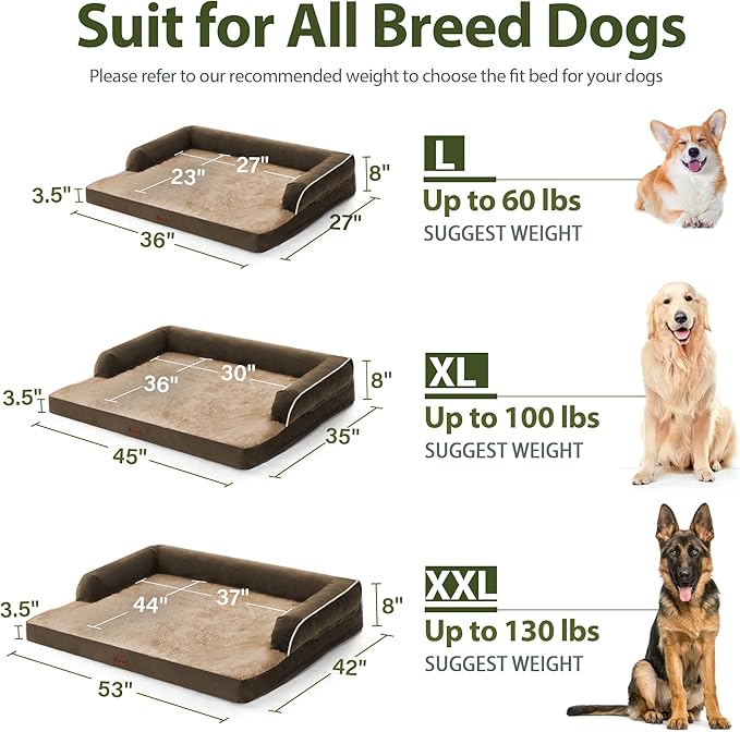 Orthopedic Dog Beds for Large Sized Dogs, Waterproof Egg Crate Foam Large Dog Couch Beds with Comfy Bolster 36x27Inch, Washable Pet Beds with Removable Cover and Nonskid Bottom, Brown