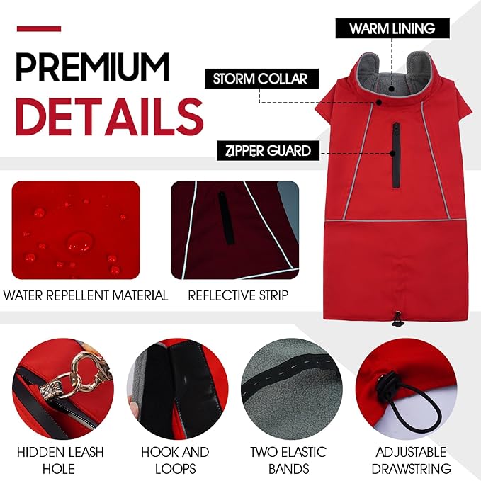 ROZKITCH Dog Raincoat Jacket, Waterproof Windproof Winter Coat with Fleece Liner and Leash Hole Reflective Strip for Large, Adjustable Poncho Vest for Outdoor Hiking Travel Red XL
