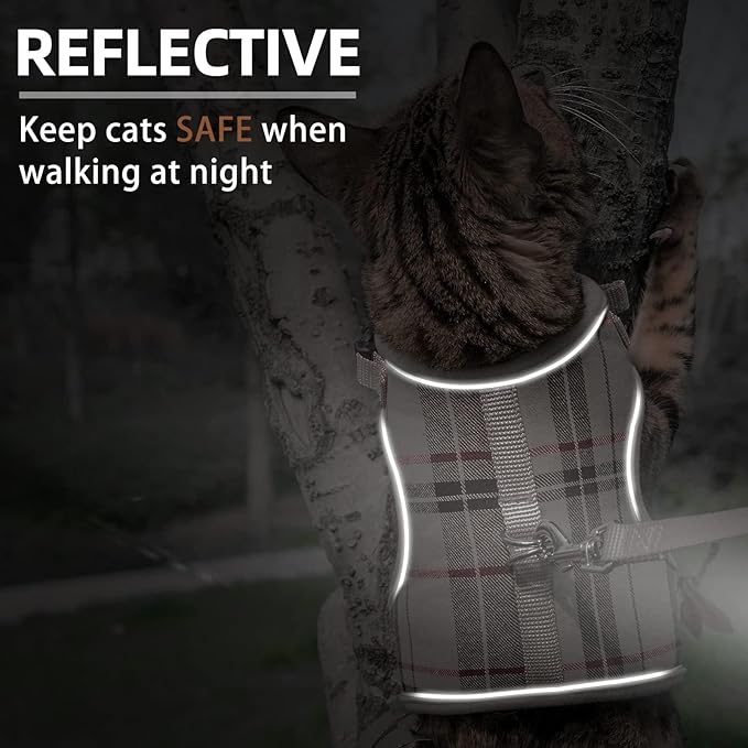 PUPTECK Soft Mesh Cat Vest Harness and Leash Set Puppy Padded Pet Harnesses Escape Proof for Cats Small Dogs Rabbits Bunny, Plaid Beige, S