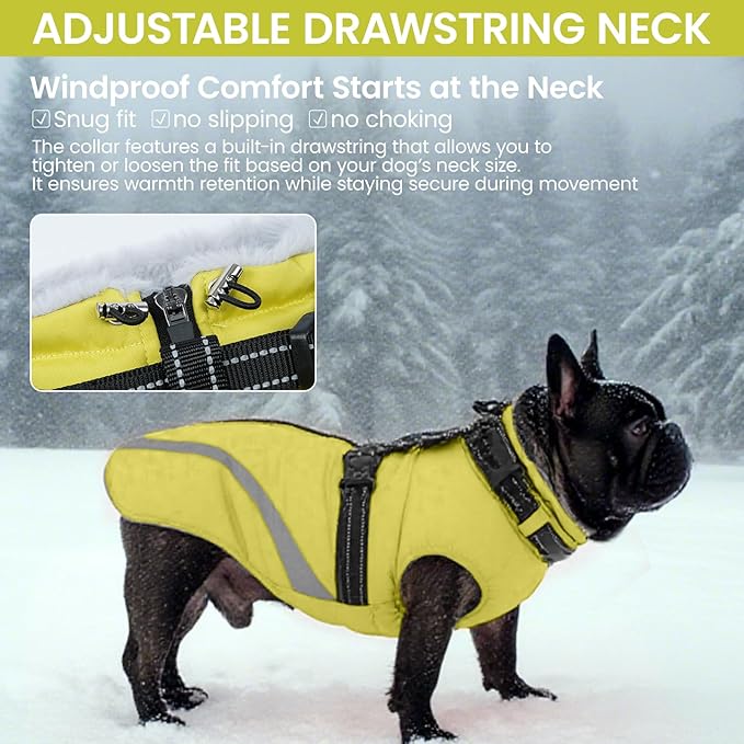 QBLEEV Large Dog Coat, Dog Winter Jacket for Large Dogs, XX-Large Waterproof Cold Weather Vest with Built-in Harness, Zipper & Reflective, Windproof Thick Warm Fleece Snowsuit Clothes, Green, XXL
