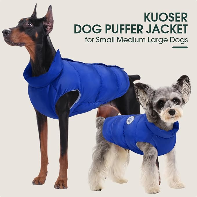 Kuoser Dog Coat Warm Dog Puffer Jacket, Windproof Dogs Padded Vest Lightweight Cold Weather Coats Pet Snowsuit Soft Puppy Winter Clothes for Medium Large Dogs, Button Design, Easy On/Off, Blue L