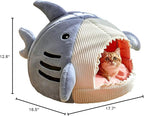 QWINEE Cat Mat Shark-Shaped Kennel Kitten Bed Hideout House Warm Soft Comfortable Semi-Closed Cat Dog Nest Blue M