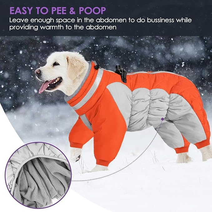 SUNFURA Full Body Dog Coat - Warm Fleece Jacket for Small Dogs, Turtleneck Winter Coats with Harness, Reflective Dog Snowsuit Windproof Puffer Jackets with Legs for Pug, Jack Russel, Orange S