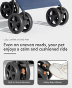 Pet Stroller with 4 Wheels for Small/Medium Pets, Portable Travel Foldable Carrier Jogger for Dog Cat Puppy Kitty, Rear Wheel Breaks, Storage Basket, Visible Mesh Weather Cover (Navy Blue)