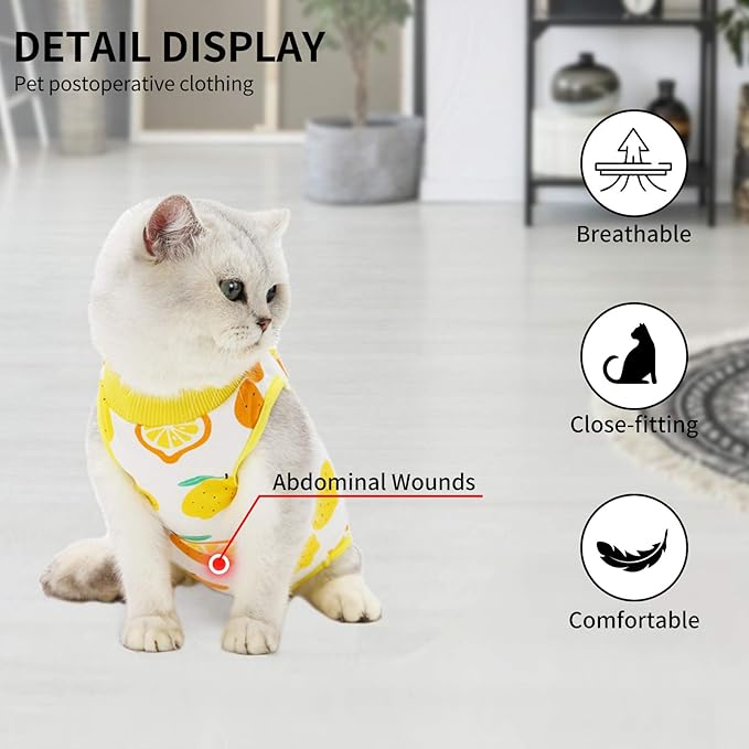 Cat Professional Surgical Recovery Suit,E-Collar Alternative for Cats Dogs,After Surgery Wear, Pajama Suit,Home Indoor Pets Clothing (M (6-8 1bs), Lemon)