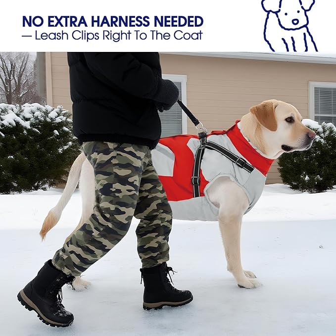 FUAMEY Dog Winter Jackets for Large Dogs,Dog Coat with Harness Built in,Waterproof Dogs Snowsuits Warm Pet Jacket Zip Up Fleece Cold Weather Coats Reflective Puppy Vest with Pocket Red 3XL