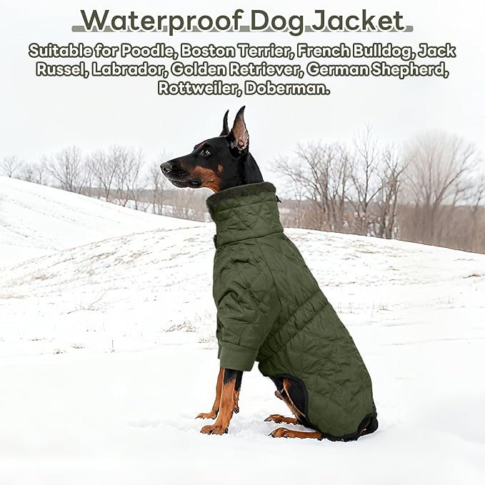 IDOMIK Dog Winter Coat for Large Dogs, Warm Dog Winter Jacket with Fleece High Collar, Zippered Cold Weather Coats for Dogs, Waterproof Doggy Snow Jacket Clothes,Green,XL