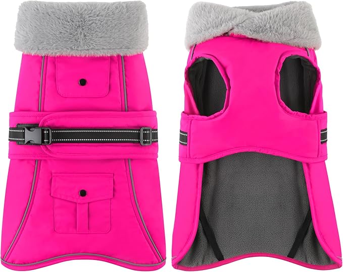 Dogcheer Dog Coat with Pocket, Waterproof Dog Jacket with Adjustable Buckle, Reflective Puppy Winter Coat Warm Turtleneck Fleece SnowJacket for Small Medium Large Dogs - Pink 2XL
