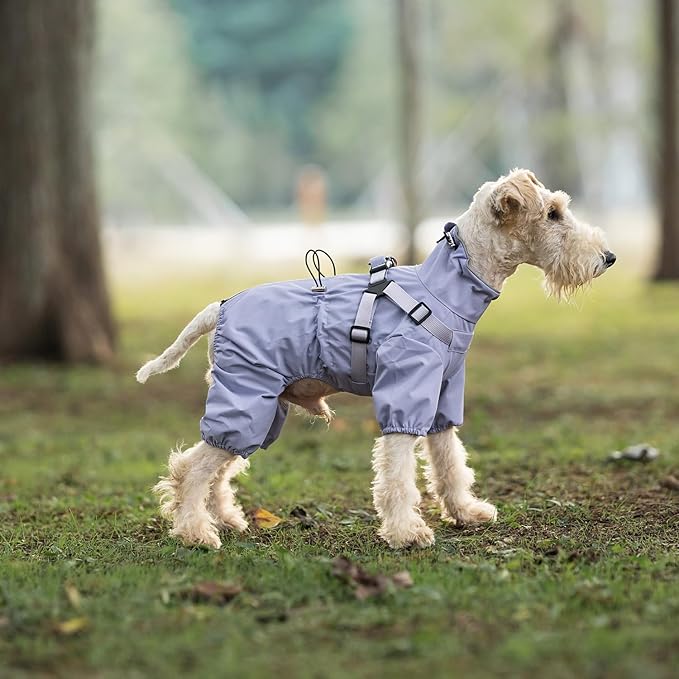 Mile High Life Waterproof Dog Raincoat, Full Coverage Small Dog Rain Coat with Harness, Adjustable 4 Legs Puppy Rain Jacket with Reflective Strip and Elastic Cuffs (Purple, M Back Length 14.6")