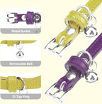 PUPTECK 2 PCS Soft Genuine Leather Cat Kitten Collar with Bells Adjustable for Girl Boy Cats Puppy - Yellow Green, Deep Purple
