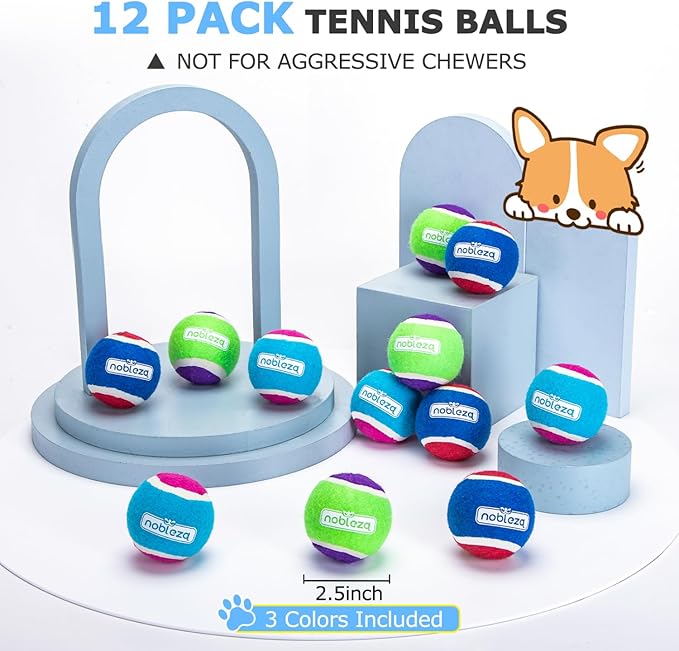 Nobleza Dog Tennis Balls 12 Pack, Durable Bouncy Floatable Squeaky Tennis Balls for Dogs for Fetch & Exercise, Training Interactive Natural Rubber Squeaky Dog Ball for Small Medium Dogs, 2.5in