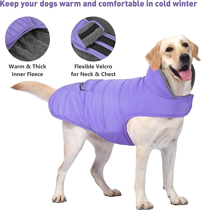 Dog Coat, Waterproof Dog Winter Jacket with Pocket, Reflective Adjustable Pet Snow Vest, Warm Cozy Fleece Sweater for Small Medium Extra Large Dogs - Light Purple, 2XL