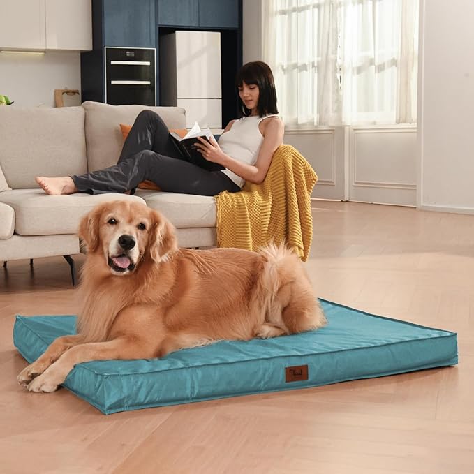 Outdoor Dog Bed for Medium Dogs, Waterproof Dog Crate Mat Orthopedic Egg Crate Foam Pet Bed with Washable Removable Oxford Cover, Light Blue