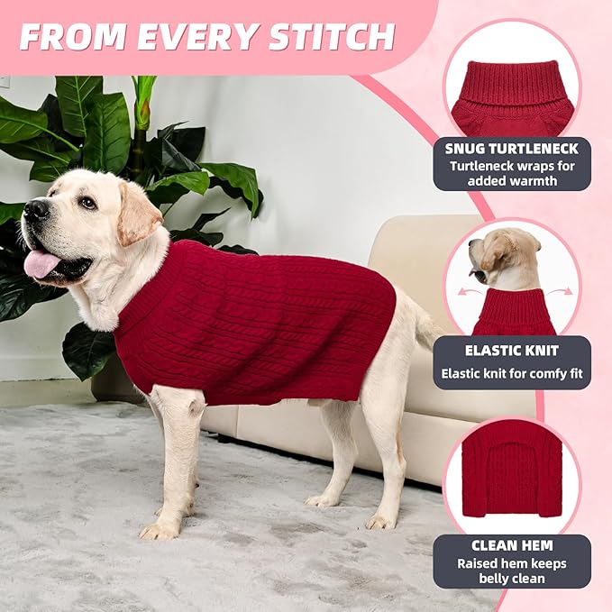 2 Pack Dog Sweaters for Big Dogs Turtleneck Pullover Cable Knit Large Size Stretch Clothes Pitbull Labrador Bulldog Doberman Boy Girl Pets Winter Clothes (XL, Pink & Red)