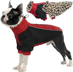 IDOMIK Reversible Dog Winter Coat, Thick Warm Dog Coat with Leopard Fleece Lining&Zipper, Adjustable High Collar Waterproof Jacket, Reflective Pet Cold Weather Coats for Large Dogs,Red,L