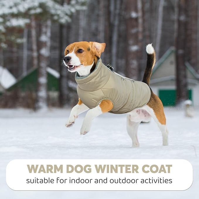 IDOMIK Warm Dog Coat with Harness, Waterproof Reflective Dog Jackets for Small Medium Large Dogs, Fleece High Collar Winter Jacket with Zipper, Pet Winter Snowsuit Clothes for Cold Weather,Khaki XL