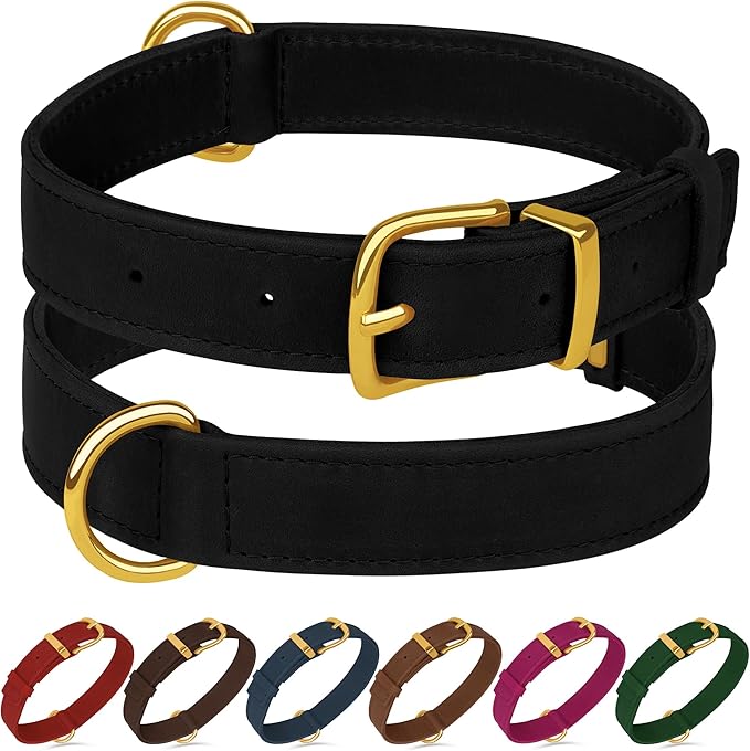 Leather Dog Collar - Heavy Duty Adjustable Soft Padded Pet Collars for Small Medium Large Dogs Breed - Black Green Brown Pink Red Blue (Black, S, 9"-12" Neck Fit)