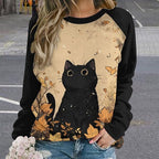 Abstract Cute Cat Shirts for Women Long Sleeve Lady Crewneck Pullover Sweatshirt Fall Winter Oversized Tops