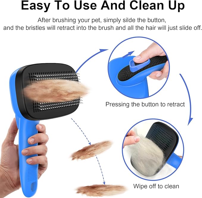 Dogs Cats Self Cleaning Slicker Brush for Shedding & Grooming Any Breed of Pets, Removes Loose, Undercoat, Mats, Tangled Hair for Small Medium Large Animal With Long Short Fur Length, Blue